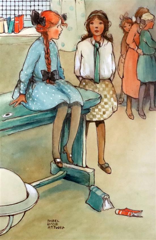 Mabel, Lucie Attwell (1879-1964). Two watercolour illustrations for the book Tabitha Smallways Schoolgirl,